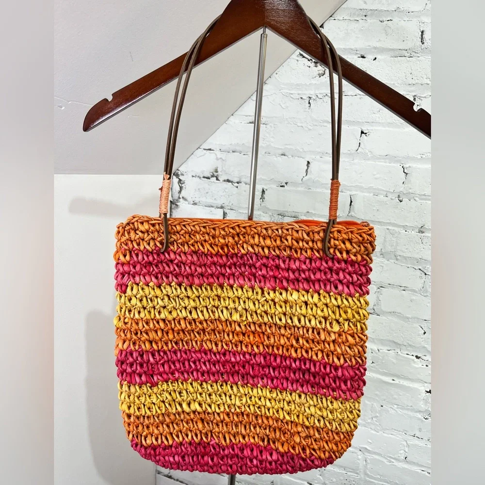 Chico’s Woven Straw Tote Bag Beach Summer Colorful Striped Shoulder Y2K Retro